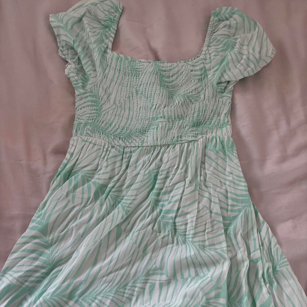 ROXY White Green Small Women's Puff Sleeve Smocked Flowy Mini Palm Tree Dress